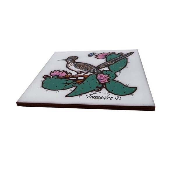 Ceramic Art Tile Cleo Teissedre 1992 Roadrunner on Cactus Coater Trivet Italy - Picture 4 of 7